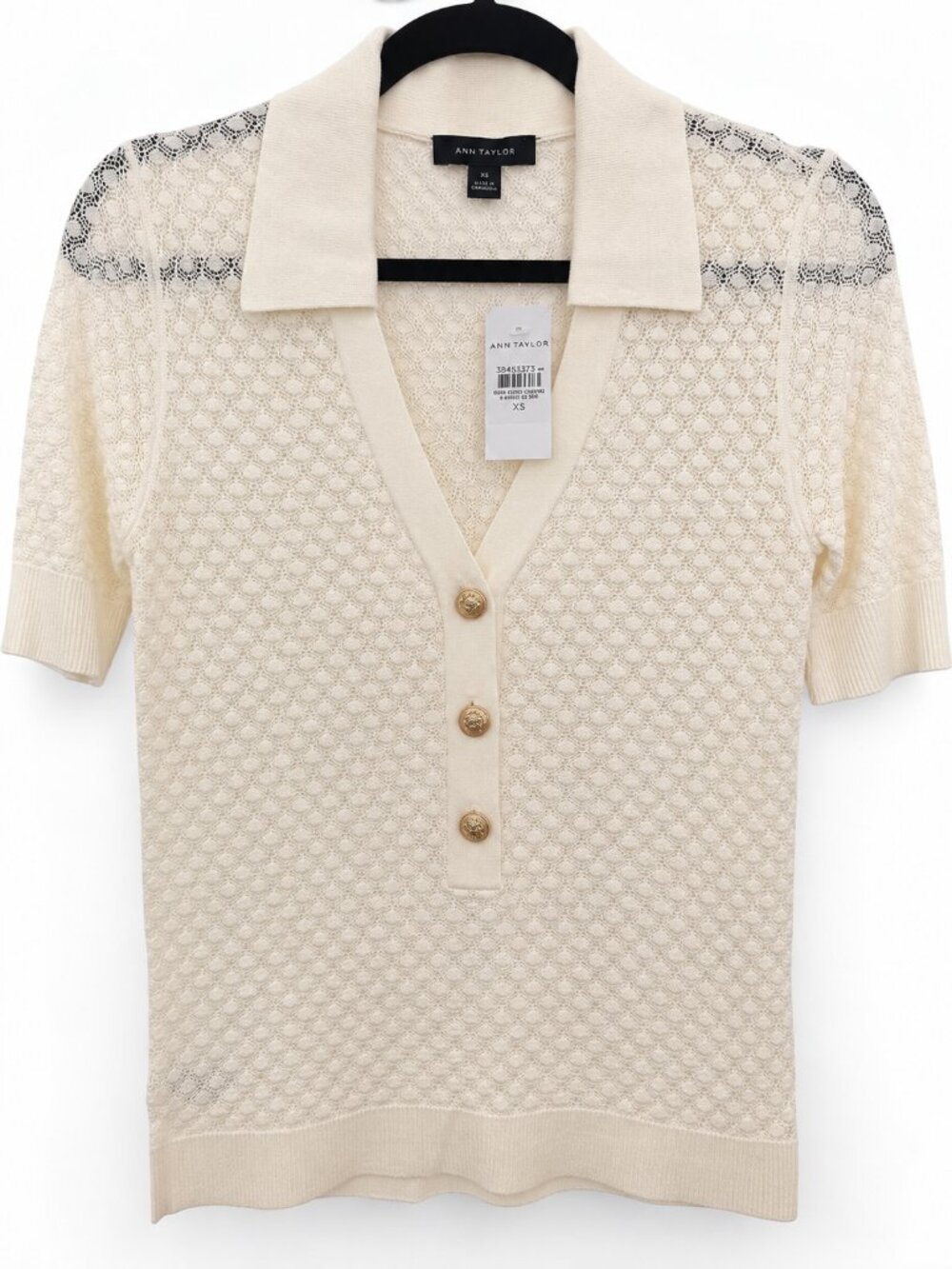 NWT Ann Taylor Ivory Textured Knit Polo Gold Buttons XS